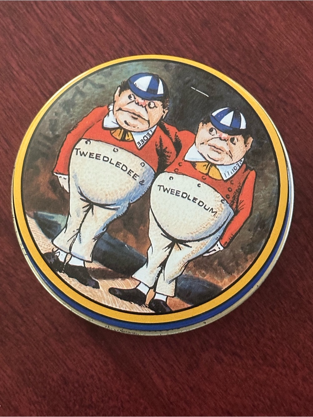 Vintage Alice in Wonderland Tweedledum & Tweedledee tin round
